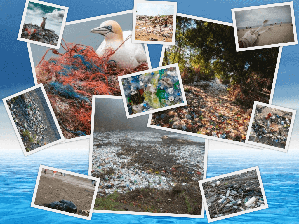 Collage of 11 pictures of ocean and river plastic pollution and how it affects and hurts animals, birds and people.
