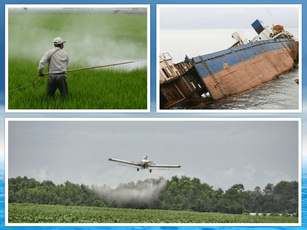 Collage of three pictures. A farmer spraying his fields, a crop duster flying over fields dropping herbicides, and a wrecked oil tanker.