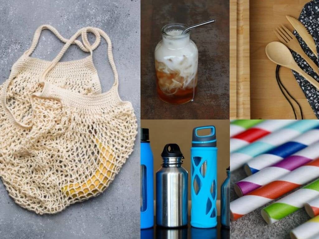 Collage of various reusable items such as a woven cloth grocery bag, stainless steel and paper straws, wooden spoons, glass drinking bottles.